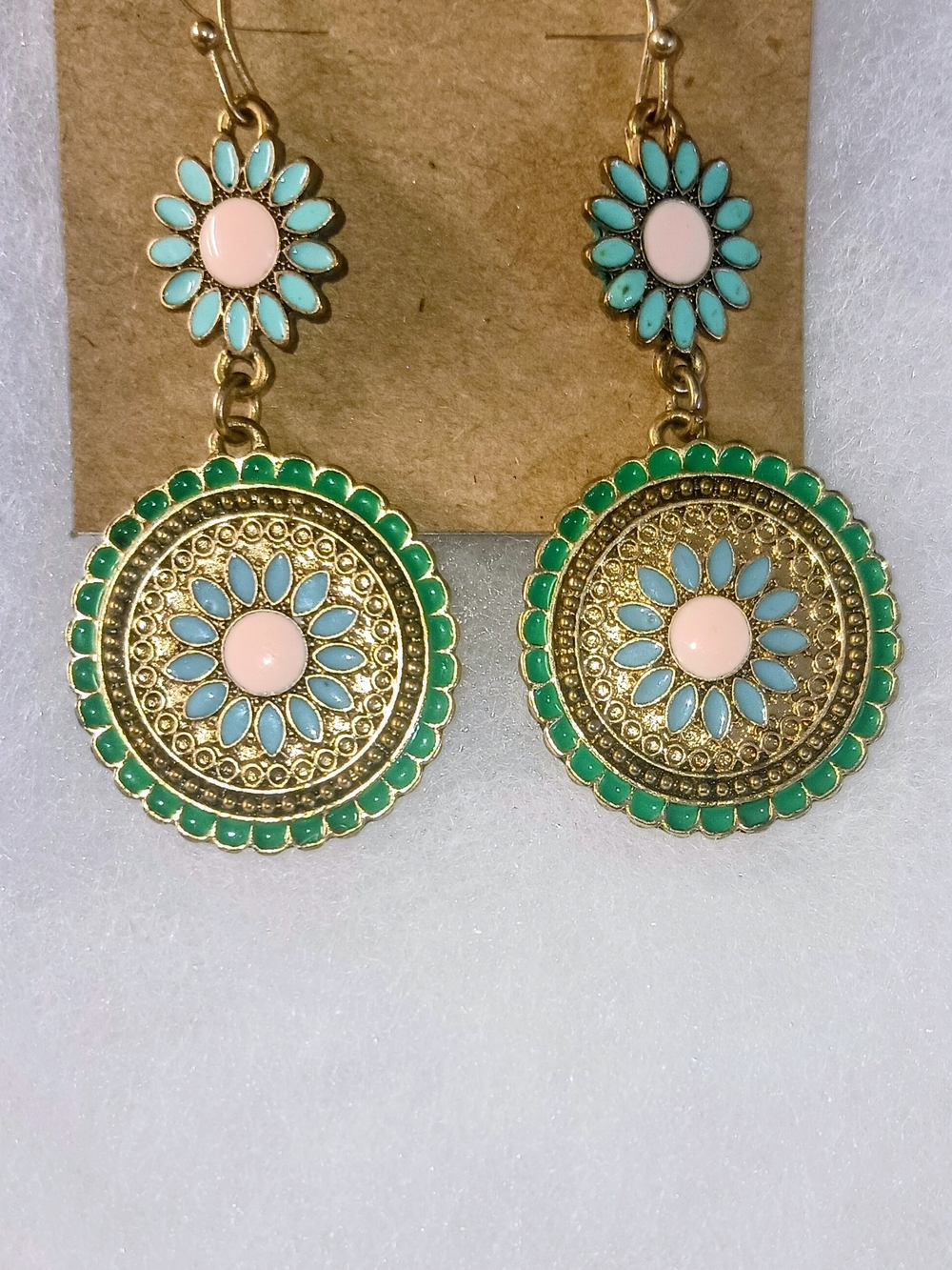 Gold-Tone Floral Drop Earrings with Pink and Turquoise Accents